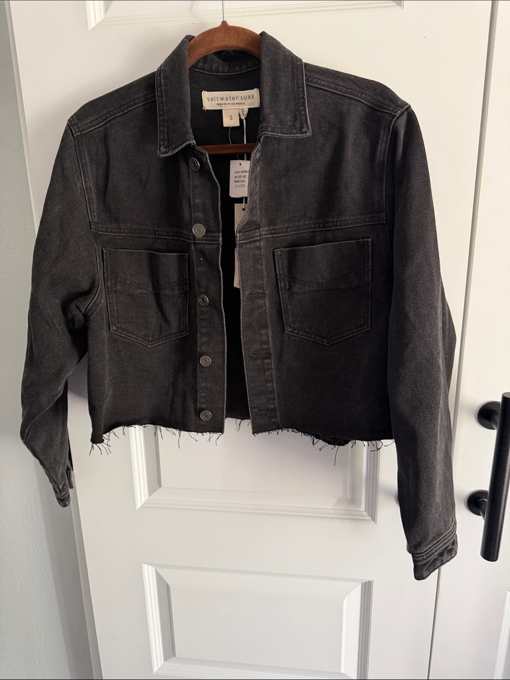 Cropped Black Denim Jacket with Raw Hem